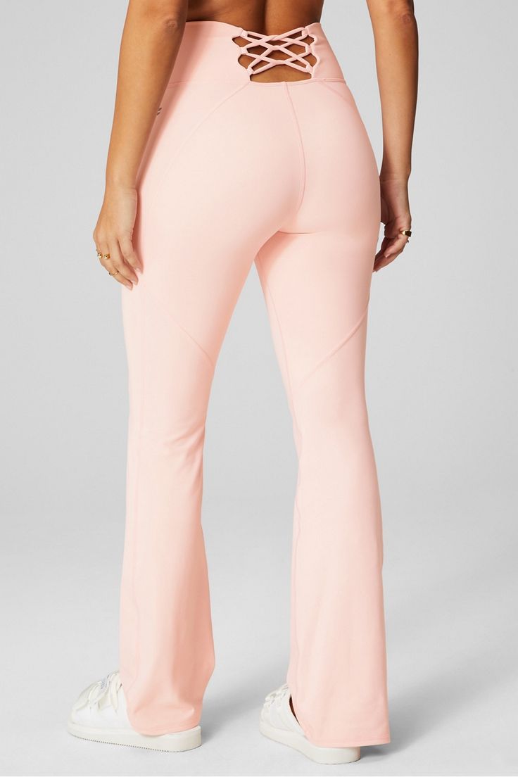 PureLuxe High-Waisted Strappy Flare Fabletics pink female Activewear >> Womens >> Bottoms >> Pants & Joggers >> Joggers PureLuxe regular Yoga and Studio 4-Way Stretch Bootcut pants in PureLuxe fabric. High Stretch Pink Long Bottoms, High Waist High Stretch Pink Pants, High Stretch Pink Full Length Bottoms, Pink High Stretch Full Length Bottoms, High Stretch Full Length Pink Bottoms, High Waist Pink Elastane Bottoms, High-waist Pink Elastane Bottoms, Summer Workout Pants With Elastane, Summer Workout Elastane Pants