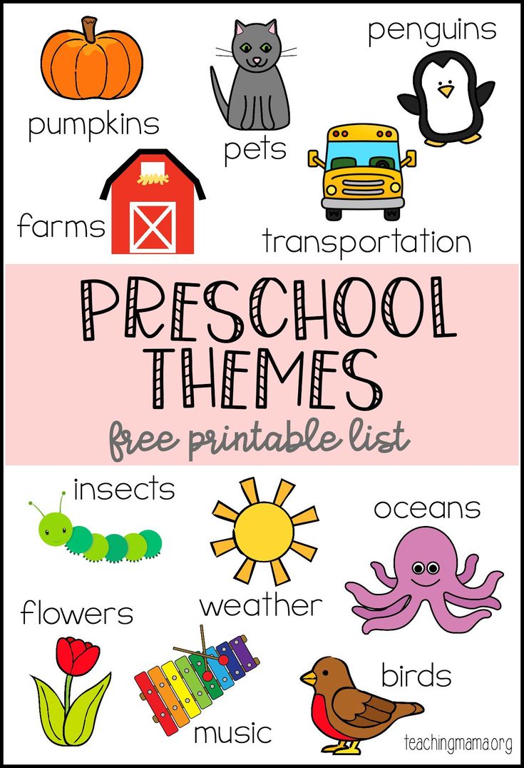 the preschool themes printable list is shown in black and white, with an image of animals