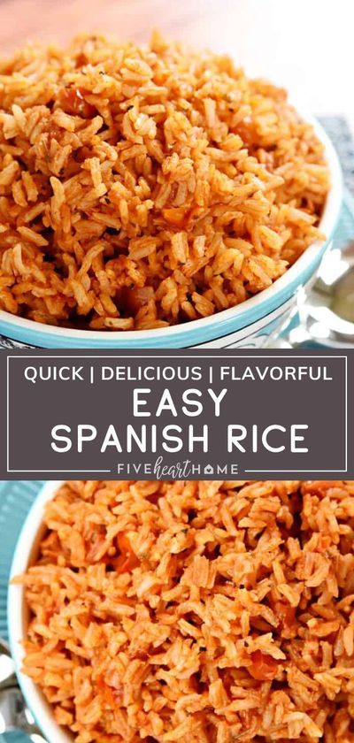 two bowls filled with spanish rice on top of a table