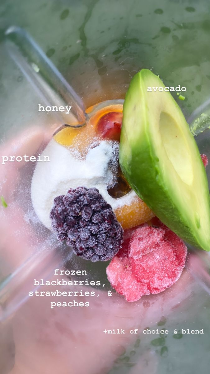 the ingredients for a fruit smoothie in a blender