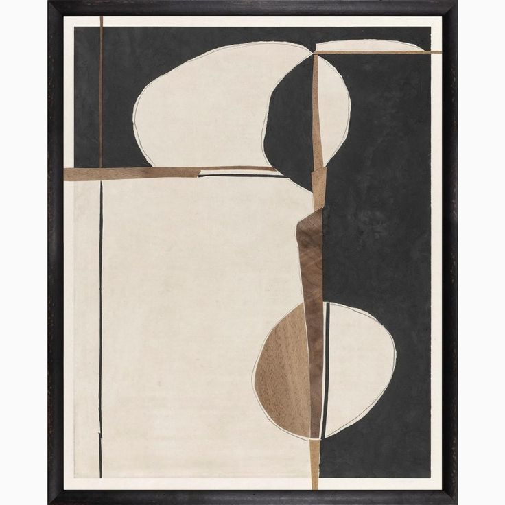 an abstract painting with black, white and brown shapes on the bottom half of it