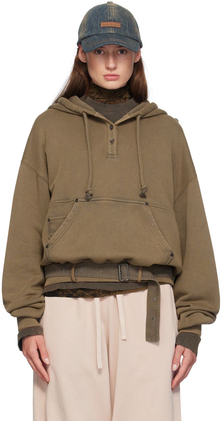 Garment-dyed organic cotton French terry hoodie. Fading throughout. · Drawstring at hood · Three-button placket · Kangaroo and patch pocket · Rib knit hem and cuffs · Belt loops and detachable pin-buckle belt at hem · Dropped shoulders · Logo printed at hood Supplier color: Mud brown Button Hoodie, Sketch Fashion, Khaki Skirt, Acne Shop, French Terry Hoodie, Color Inspo, Buckle Belt, Drawstring Hoodie, Fashion Sketches