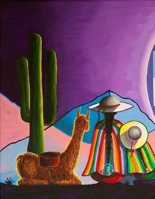 a painting of a llama with a mexican hat and sombrero next to a cactus