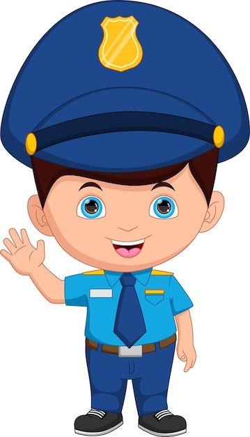 a cartoon police officer waving his hand and wearing a blue uniform with a badge on it