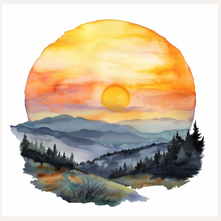 a watercolor painting of the sun setting over mountains