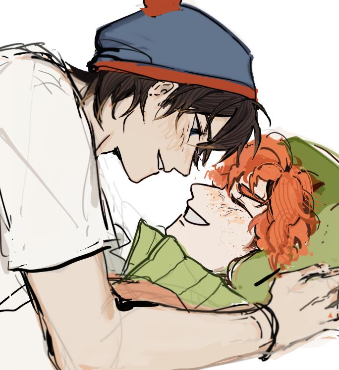 a drawing of two people hugging each other and one is wearing a blue hat, the other has red hair