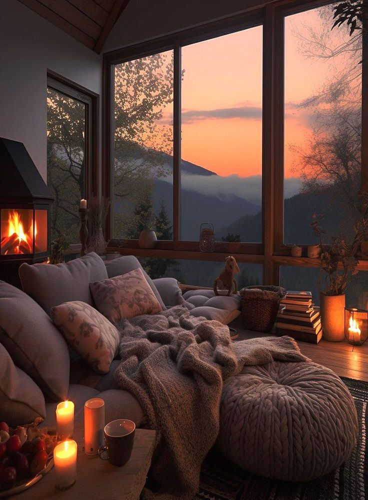 a living room filled with lots of furniture next to a window covered in blankets and candles