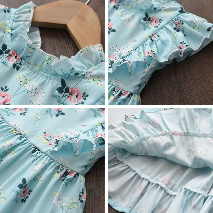 Girl Summer Dresses - Momorii Cute Printed Dresses For Playtime, Cute Floral Dress With Ruffles For Beach, Cute Floral Beach Dress With Ruffles, Light Blue Printed Short Sleeve Dress, Playful Short Sleeve Cotton Dress, Playful Floral Print Cotton Dress, Short Sleeve Floral Dress For Summer, Cute Blue Floral Summer Dress, Spring Printed Dresses For Playtime