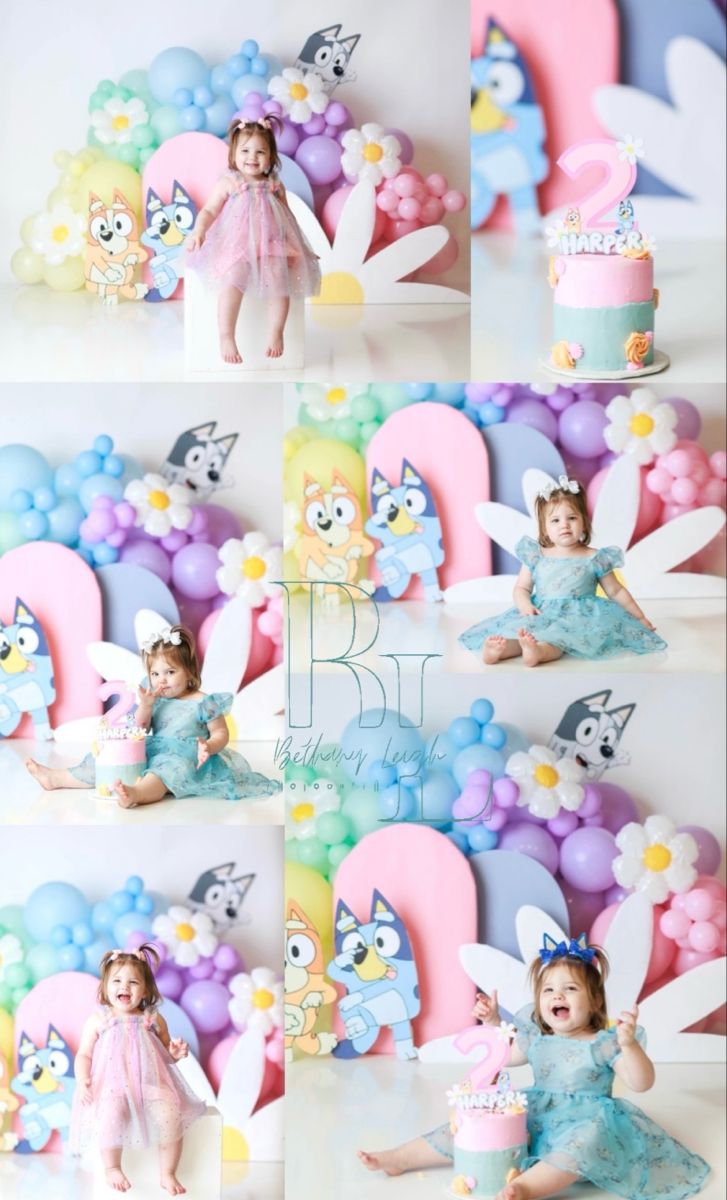 Bluey cake smash photoshoot Bluey Cake Smash Photoshoot, Bluey Photoshoot Toddler, Bluey Birthday Photoshoot, Girly Bluey Party Theme, Bluey Photoshoot, Bluey Girls Birthday Party, Bluey Cake Smash, Bluey Smash Cake, Bluey 2nd Birthday