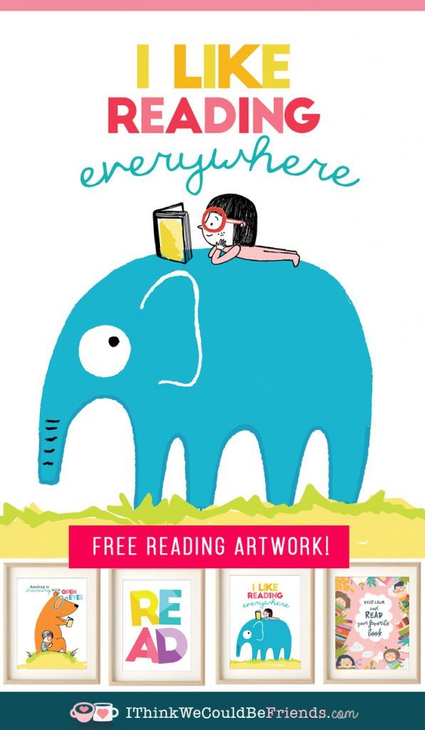 an elephant with a girl reading on it's back and the words i like reading everywhere