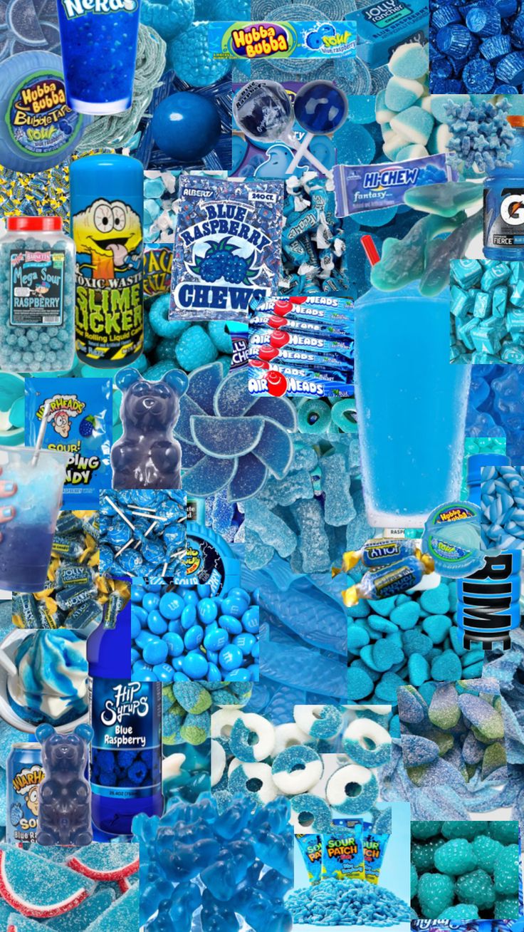 a collage of blue and white candy, candies, and other items on display