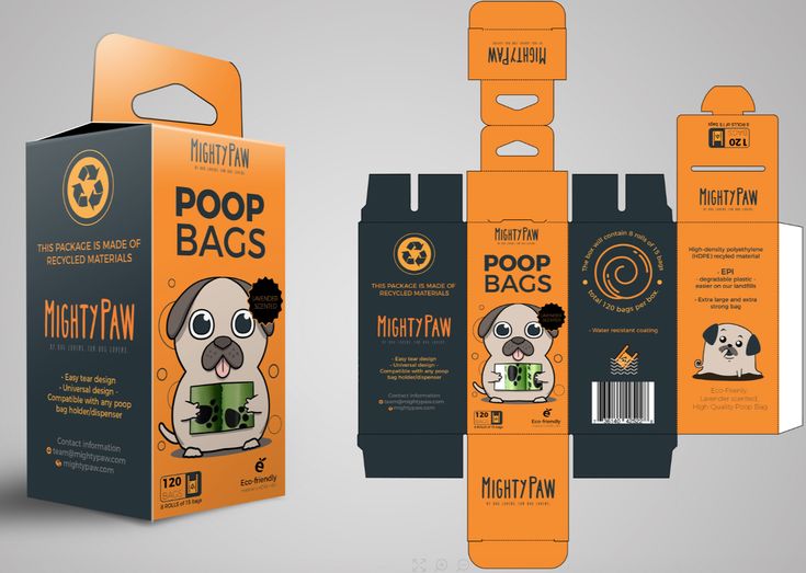 packaging design for poop bags featuring a pug