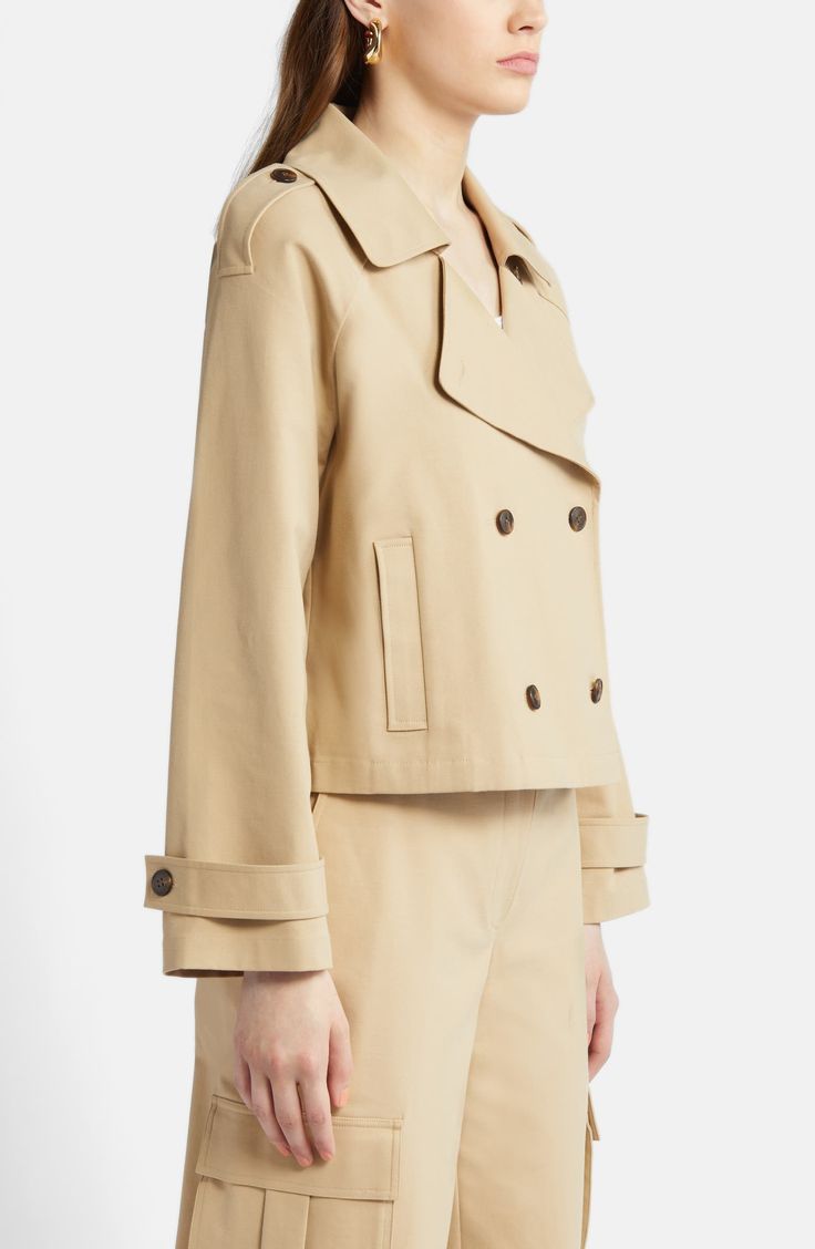 Nordstrom Crop Stretch Cotton Trench Coat | Nordstrom Double-breasted Gabardine Outerwear For Work, Spring Gabardine Pea Coat With Double-breasted Button Fastening, Spring Gabardine Pea Coat With Double-breasted Button, Double-breasted Cotton Outerwear With Double Button Closure, Cotton Double-breasted Outerwear For Work, Spring Cotton Double-breasted Outerwear, Beige Cotton Double-breasted Outerwear, Classic Double-breasted Cotton Outerwear, Collared Pea Coat For Spring Workwear