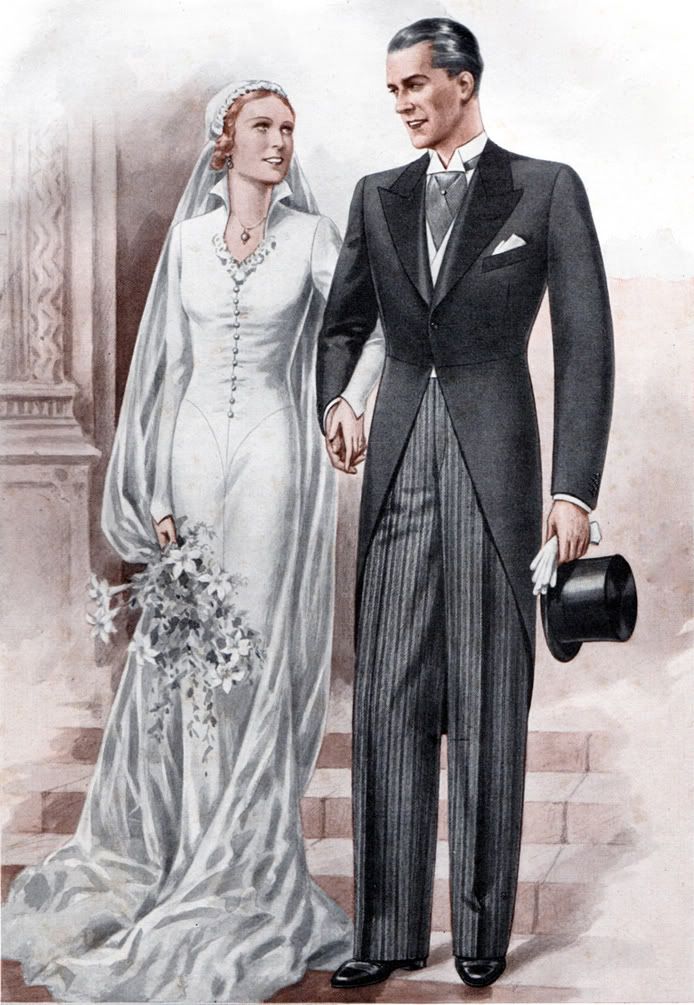 an illustration of a man and woman dressed in wedding attire