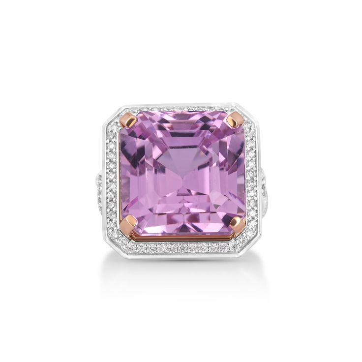 26.78 Cts Kunzite and White Diamond Ring in 14K Two Tone January Birthstone Jewelry, April Birthstone Jewelry, September Birthstone Jewelry, March Birthstone Jewelry, Yellow Jewelry, Brown Jewelry, Halo Design, June Birthstone Jewelry, Purple Jewelry