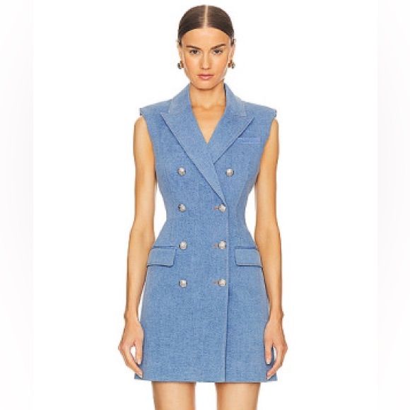 Veronica Beard’s Jules Blazer-Style Dress Is Crafted Of Stretch Denim That Is Tailored To A Fitted Double-Breasted Silhouette. This Mini-Length Piece Features Peak Lapels, Chest And Side Pockets, And A Button-Front Closure. Material: 98% Cotton, 2% Elastane Care Instructions: Dry Clean Designer Color Name: Iceberg Lining: 100% Polyester Pockets: Flap Pockets Closure: Double-Breasted Buttoned Front True To Size Shoulder Pad Inserts Cinched Waist New In Plastic Packaging - All Orders Ship Within One Business Day Of Ordering - - Smoke-Free Pet-Free Home Elegant Denim Blue Dress With Pockets, Elegant Denim Blue Dresses With Pockets, Elegant Denim Summer Dress With Pockets, Elegant Summer Denim Dress With Pockets, Fall Sleeveless Denim Dress With Pockets, Elegant Summer Denim Dress For Workwear, Chic Mini Denim Dress With Pockets, Fitted Denim Vest For Spring, Blue Denim Vest For Spring