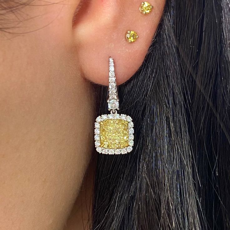 Yellow Diamond Jewelry, Cushion Earrings, Yellow Diamond Earring, Jewellery Diamonds, Fancy Light, Fancy Yellow Diamond, Yellow Diamonds, Radiant Cut Diamond, Cushion Diamond