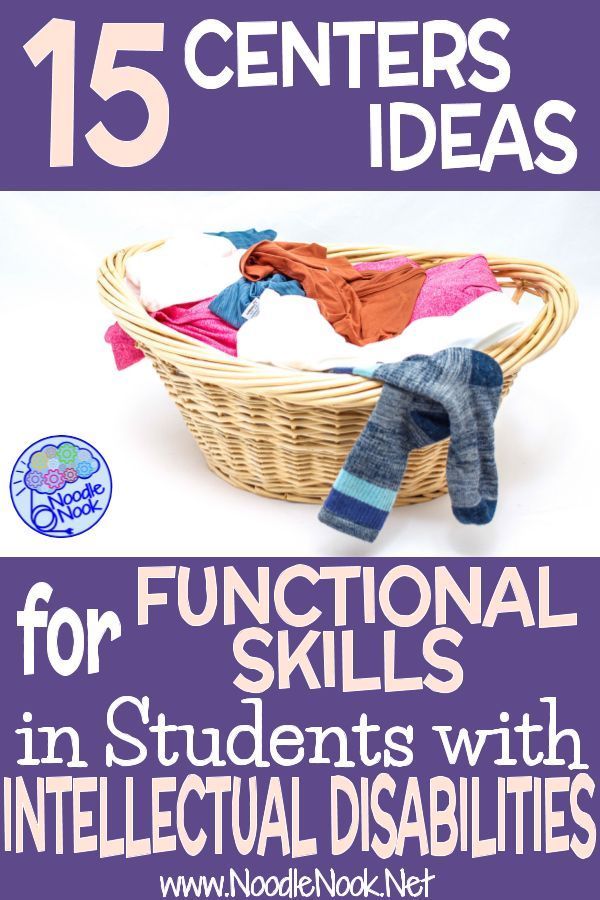 a basket filled with clothes and socks on top of a purple background text reads 15 centers ideas for functional skills in students with interlectional disabilities