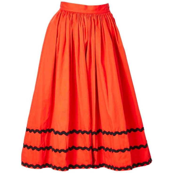 Yves Saint Laurent, Rive Gauche, orangey-red, cotton, gathered skirt with black ric rac trim detail at the hem. C. 1970's Deep hidden pockets by the hips. Ysl Vintage, Flamenco Skirt, Brown Leather Skirt, Chambray Skirt, Ribbon Skirts, Vintage Ysl, Chic Skirts, Red Skirt, Ruched Skirt