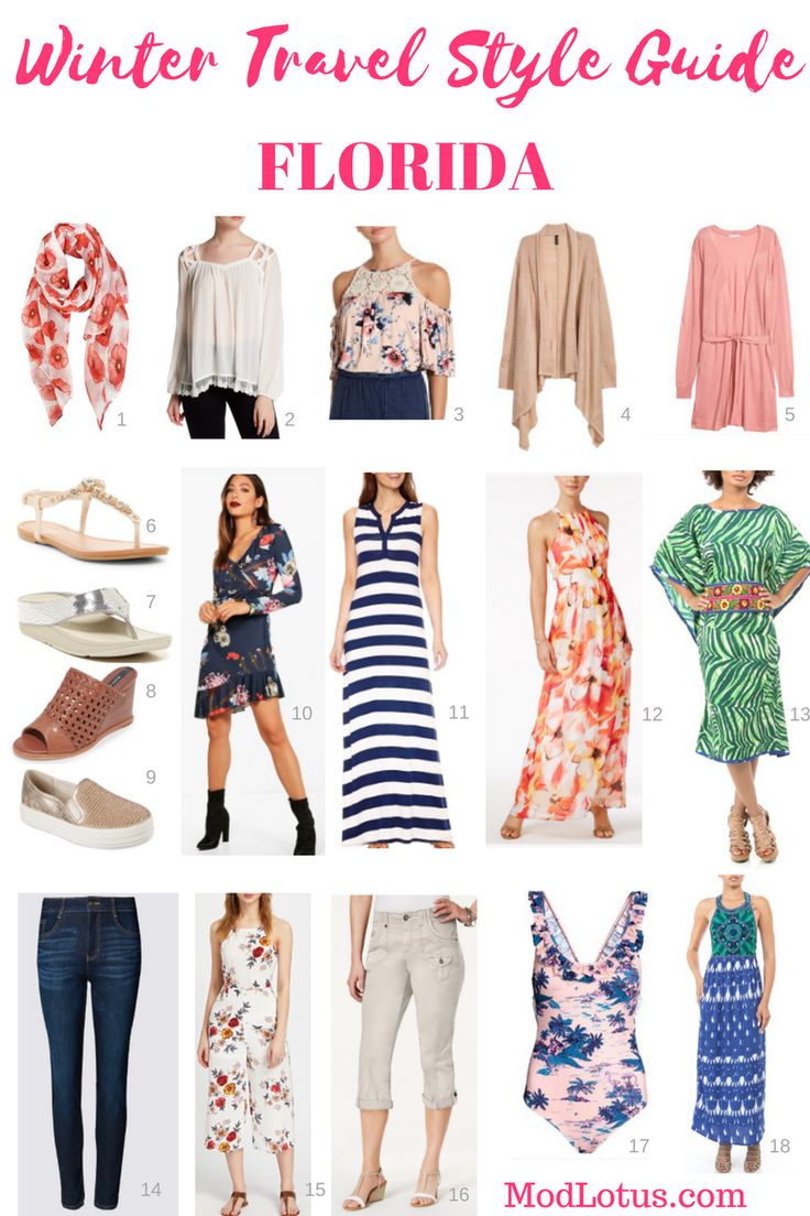 the winter travel style guide for florida, including dresses and shoes with text overlay