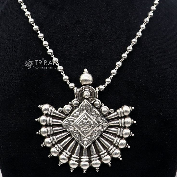 925 sterling silver vintage style customized beaded necklace, gorgeous brides necklace, excellent wedding anniversary charm tribal belly dance jewellery from India. the best jewellery for belly dance, Dandiya dance, and Garba dance In the Navaratri festival in India. Metal-925 sterling silver. Item type-Necklace. chain Bead size-4.5mm plain. chain length-30inches(contact for other size) Height of pendant-7.5 centimetres. Width of pendant-7.2 centimetres. Weight-58.150 grams. Stamped-925. Finish- Silver Dangle Jewelry For Rituals, Silver Jewelry For Ceremonial Festivals, Silver Ceremonial Jewelry For Festivals, Ceremonial Silver Jewelry For Festivals, Traditional Long Metal Necklace, Silver Round Pendant Necklace For Festivals, Bohemian Sterling Silver Jewelry For Festivals, Silver Tilla Jewelry For Festival, Antique Silver Necklace With Intricate Design For Festival