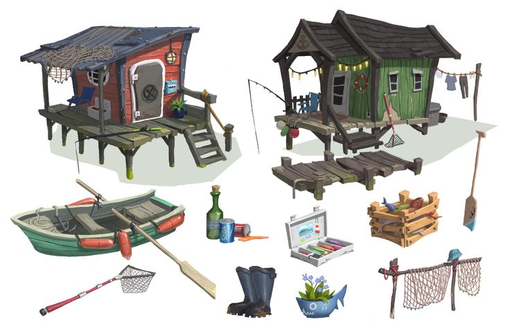 several different types of boats and houses