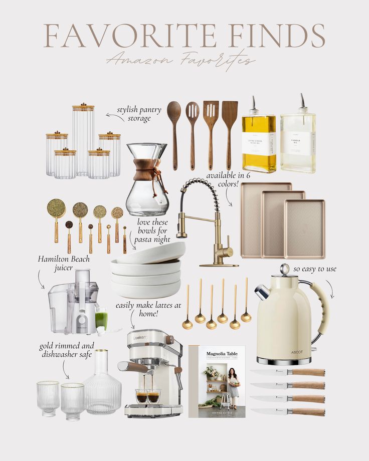 the contents of an assortment of kitchen utensils, including coffee maker and creamer