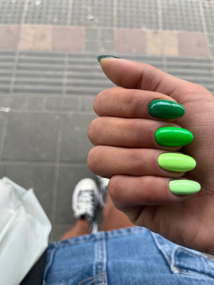 Shade Of Green Nails, Easy Green Nails Ideas, Green Nails Multicolor, Multicolor Green Nails, Ireland Nails Irish, St Nails St Patrick, Almond St Patrick Nails Ideas, Fun Nail Ideas Almond Shape, March Green Nails