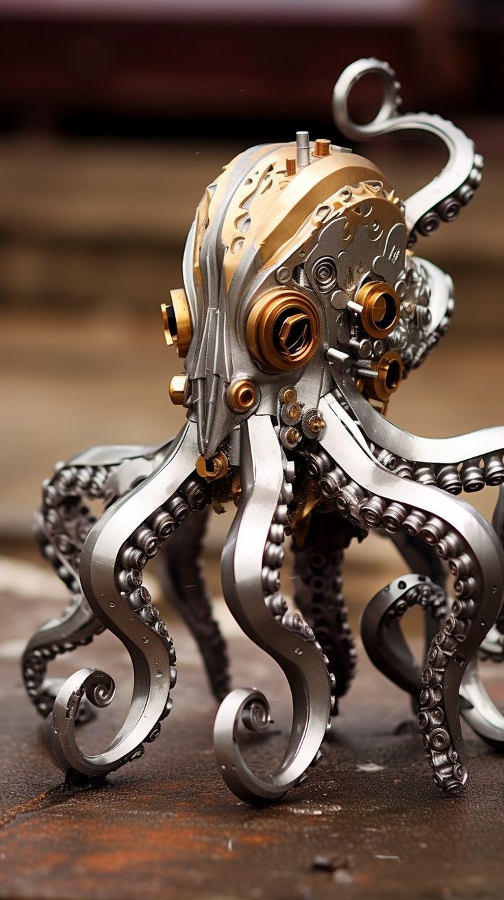 an octopus made out of metal parts on a table