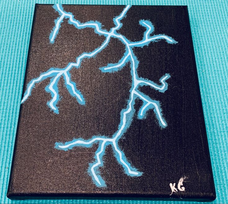 a black and blue painting with white paint on it's side, depicting lightning