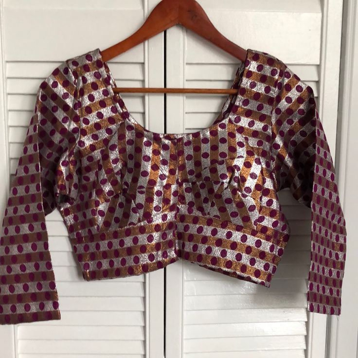 Size 38 Saree Blouse.. 3/4th Sleeve And Open Front Style Elegant Multicolor Long Sleeve Blouse, Fitted Long Sleeve Purple Blouse, Fitted Purple Long Sleeve Blouse, Long Sleeve Purple Choli With Pallu, Purple Long Sleeve Choli With Pallu, Purple Padded Blouse For Festivals, Fitted Purple Padded Blouse, Purple Long Sleeve Padded Blouse, Purple Padded Long Sleeve Blouse