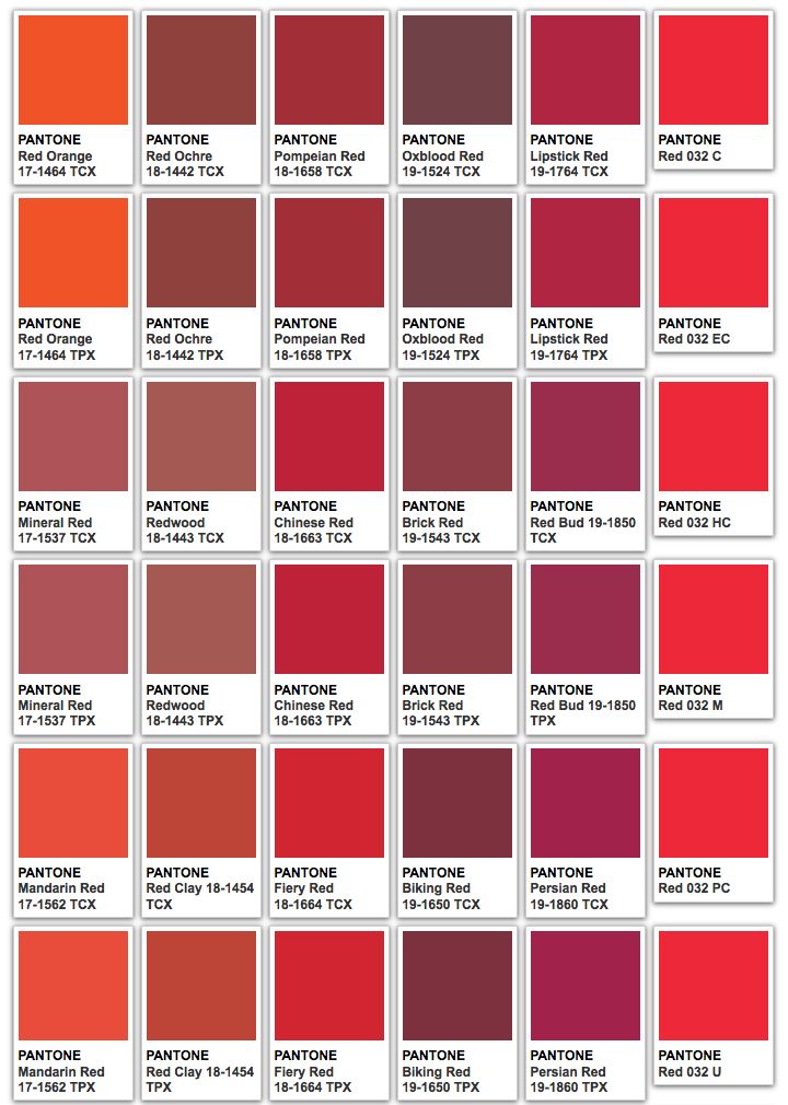 the color chart for different shades of red, orange and pink with text below it