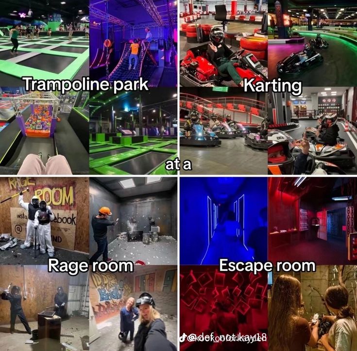 four different scenes from the same movie with captions in english and spanish, including trampoline park, karting, rage room, escape room