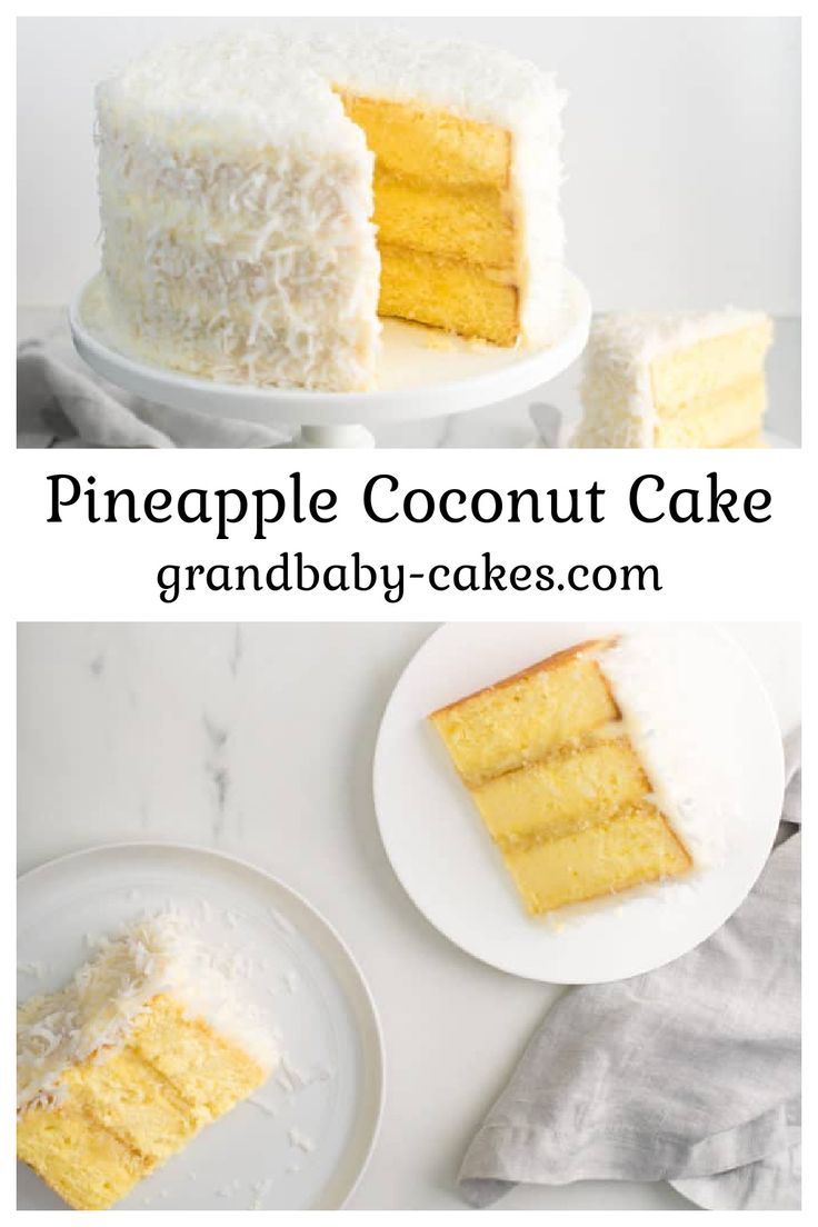 pineapple coconut cake on a white plate with one slice cut out and the other half eaten