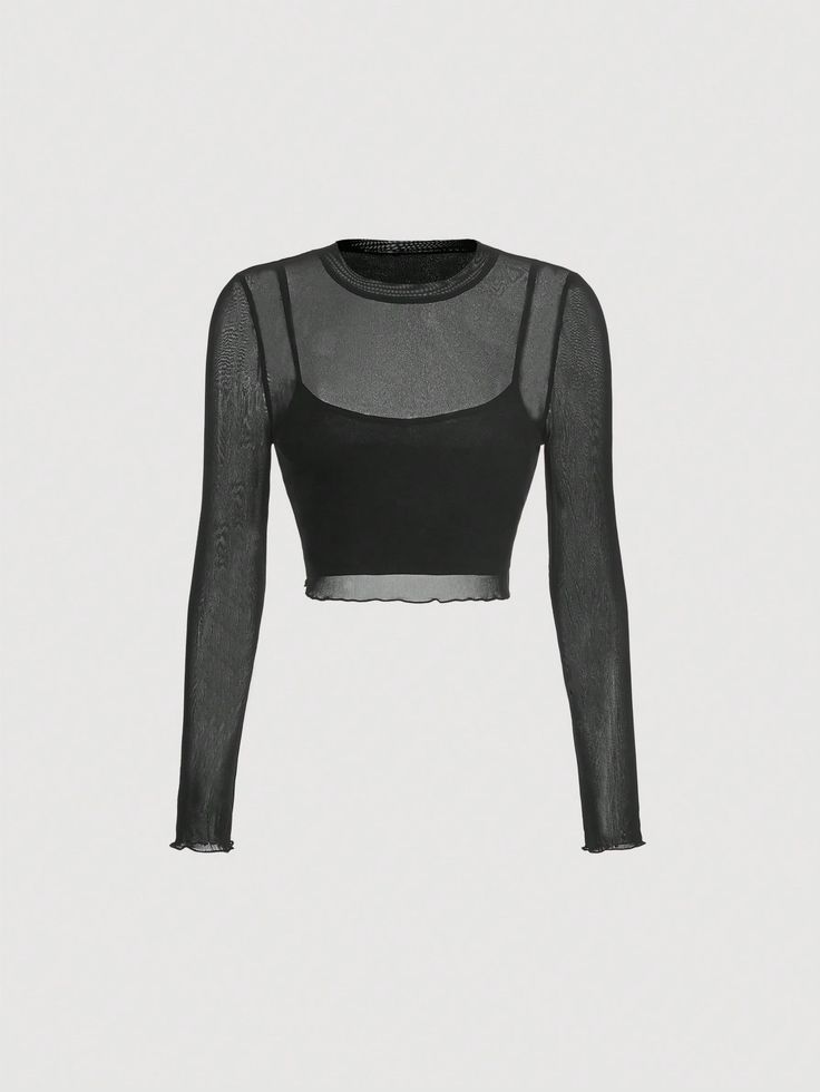 Blusa Cosecha Negra Transparente Con Detalles De Lechuga Negro Casual  manga larga Tela tejida Liso  Elástico Ligero  Women Clothing, size features are:Bust: ,Length: ,Sleeve Length: Goth Mesh Top, Black Long Sleeve Mesh Top, Black Top Long Sleeve, Top Transparente, Crop Tops Long Sleeve, Chic Black Outfits, Black Mesh Crop Top, Look Grunge, Hot Topic Dresses