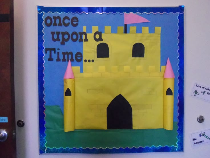 a bulletin board that says once upon a time with a castle in the middle and words on it