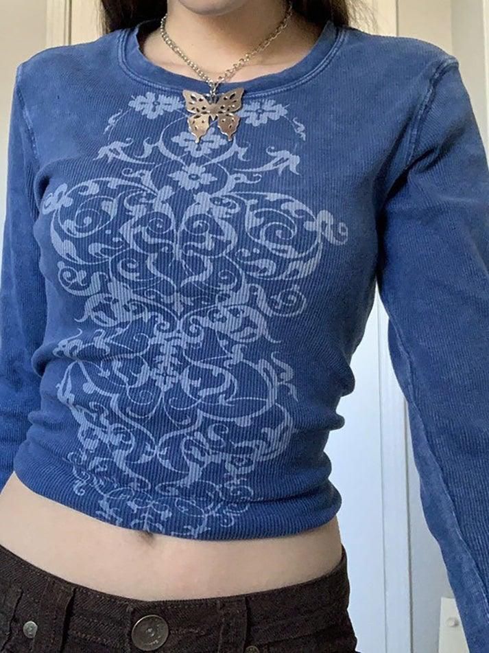 Fairy Grunge Graphic Long Sleeve Crop Top Rib Long Sleeve Printed Crop Top - AnotherChill Crop Top Autumn, Coffee Fabric, Harajuku Clothes, Printed Crop Top, Y2k Long Sleeve, Blue Coffee, Vintage Crop Tops, Corset Crop Top, Aesthetic Women