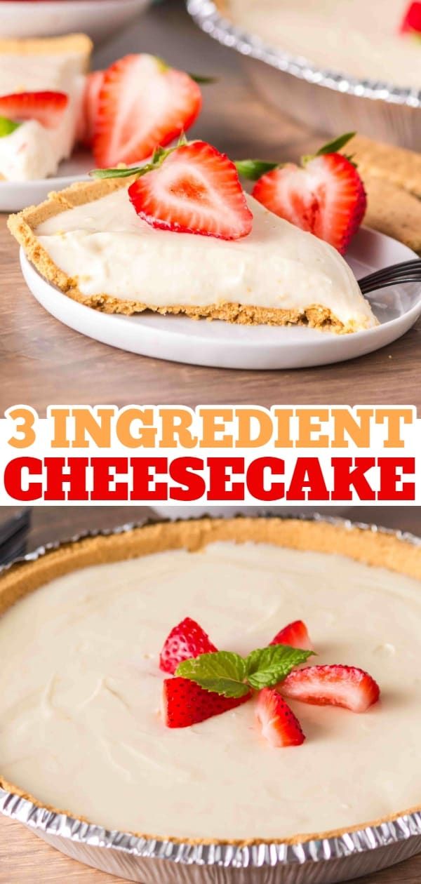 this is an image of three ingredient cheesecake with strawberries in the pie pan