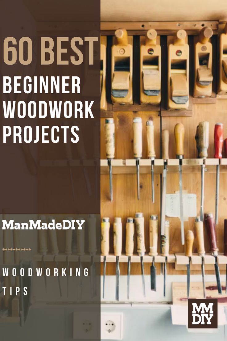 there are many tools hanging on the wall in this workbench with text overlay that reads,'60 best beginner woodwork projects '