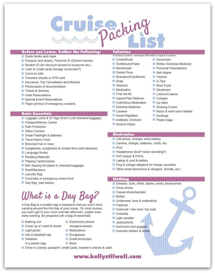 the cruise packing list is shown in pink and blue, with an anchor on it