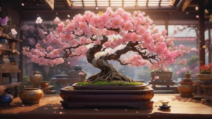 a bonsai tree with pink flowers in a room