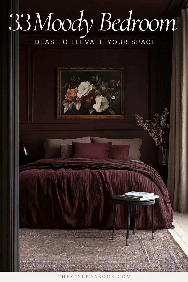 a romantic moody burgundy bedroom Dark Maroon Bedroom Ideas, Bedroom Vibes Aesthetic Dark, Rich Bedroom Paint Colors, Dark Glamour Bedroom, Cranberry Bedroom Ideas, Elegant Vintage Bedroom Ideas, Bedroom With Black Bedding, Sensual Bedroom Decor Romantic Chic, Farrow And Ball Paint Bedroom