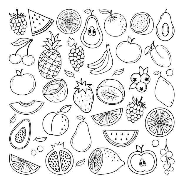 a bunch of fruit that is drawn in black and white