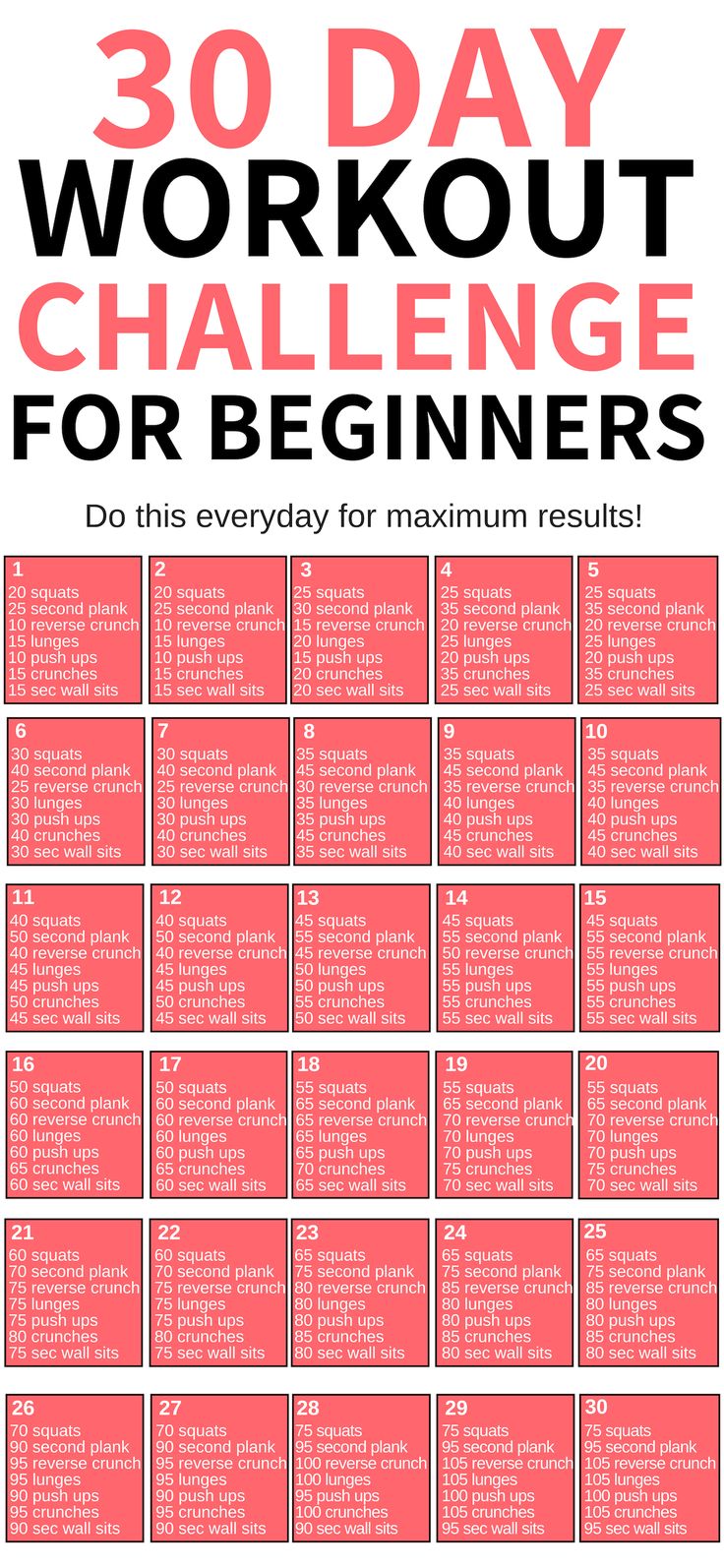 the 30 day workout challenge for beginners is shown in red and white with black lettering