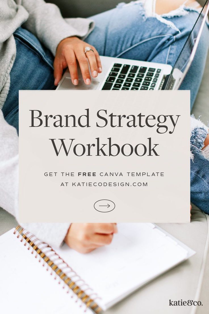 a person sitting on a couch with a laptop and notebook in front of them text reads brand strategy workbook get the free canvas template