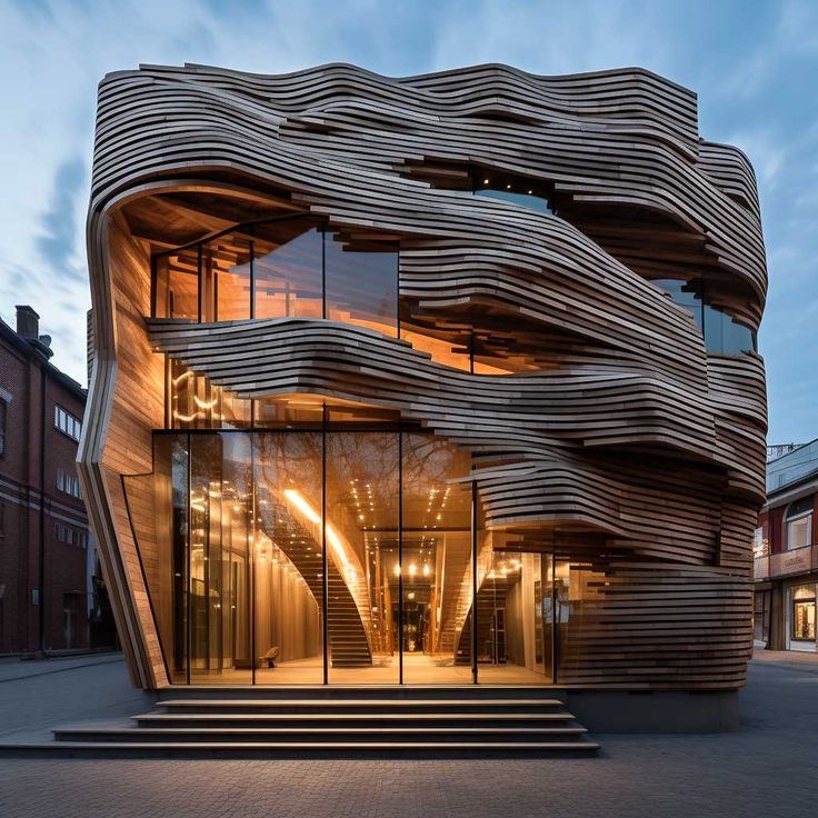 an unusual building with wooden slats on the outside and glass windows at the top