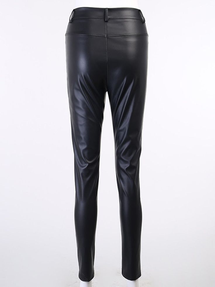 These Malaya Pants are made of quality vegan leather and feature a high-waisted skinny design and slits at the cuff. Pair them with a classic bodysuit and high heels for a night out! Stretch Faux Leather Pants For Club, Solid Color Faux Leather Bottoms For Night Out, Faux Leather Bottoms For Night Out, Edgy High Waist Faux Leather Leggings, Sleek Faux Leather Pants For Date Night, High Waist Polyurethane Leggings For Work, Party Faux Leather Solid Leggings, Tight Solid Faux Leather Pants, Solid Faux Leather Leggings For Party