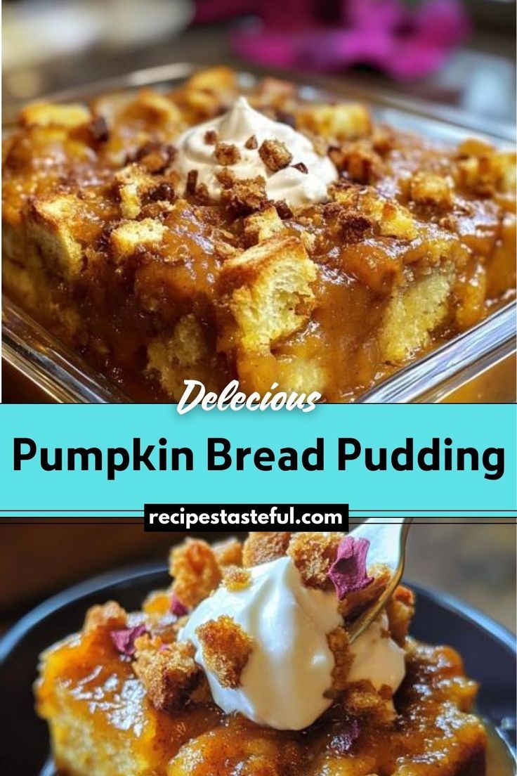 pumpkin bread pudding with whipped cream on top