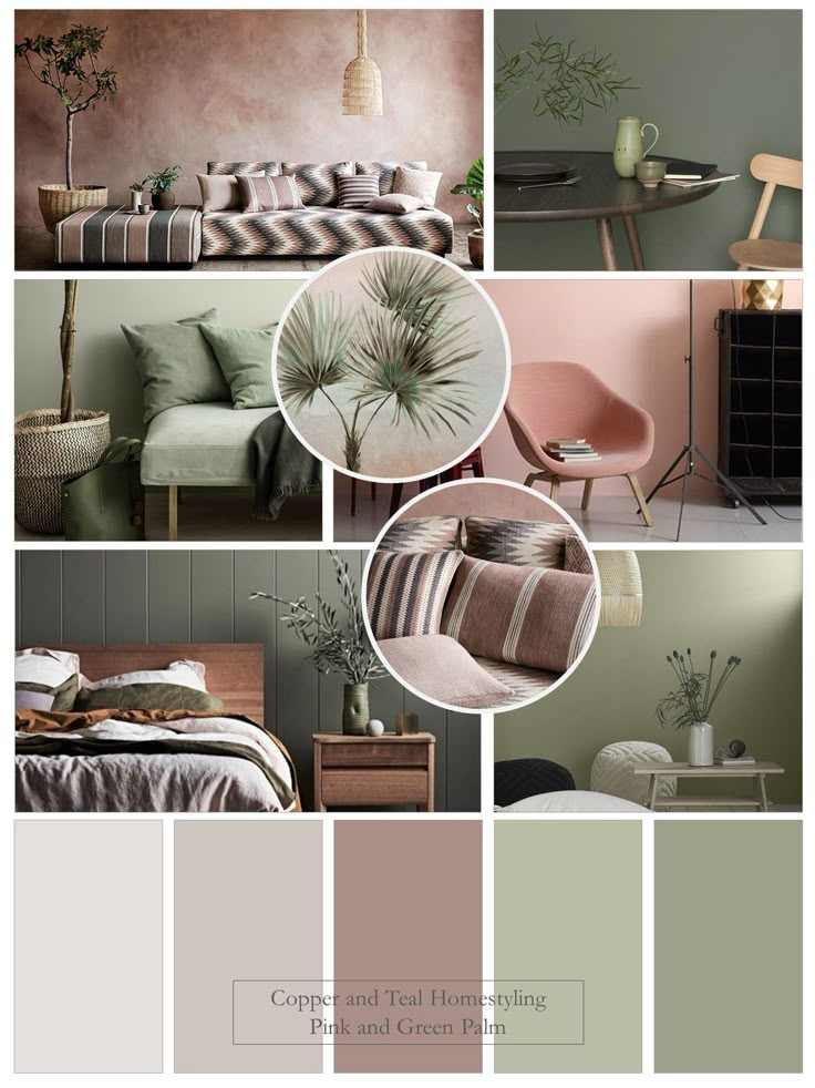 a collage of different shades of green, pink and brown in the same room