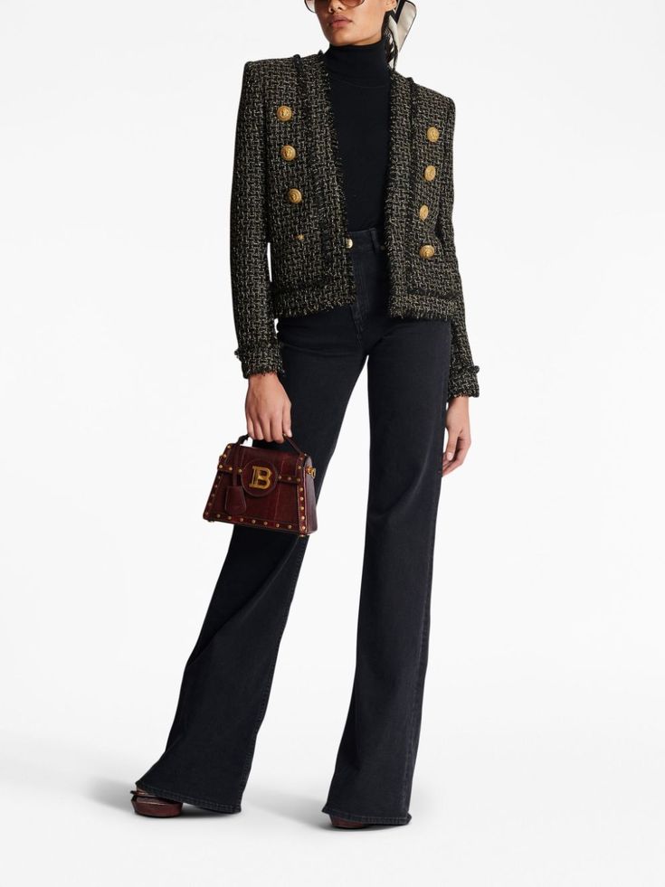 Balmain double-breasted Tweed Jacket - Farfetch Balmain Jacket, Balmain Blazer, Golden Logo, Designer Jackets, Grey Tweed, Formal Outfits, Versace Outfit, Yoko London, Tweed Blazer